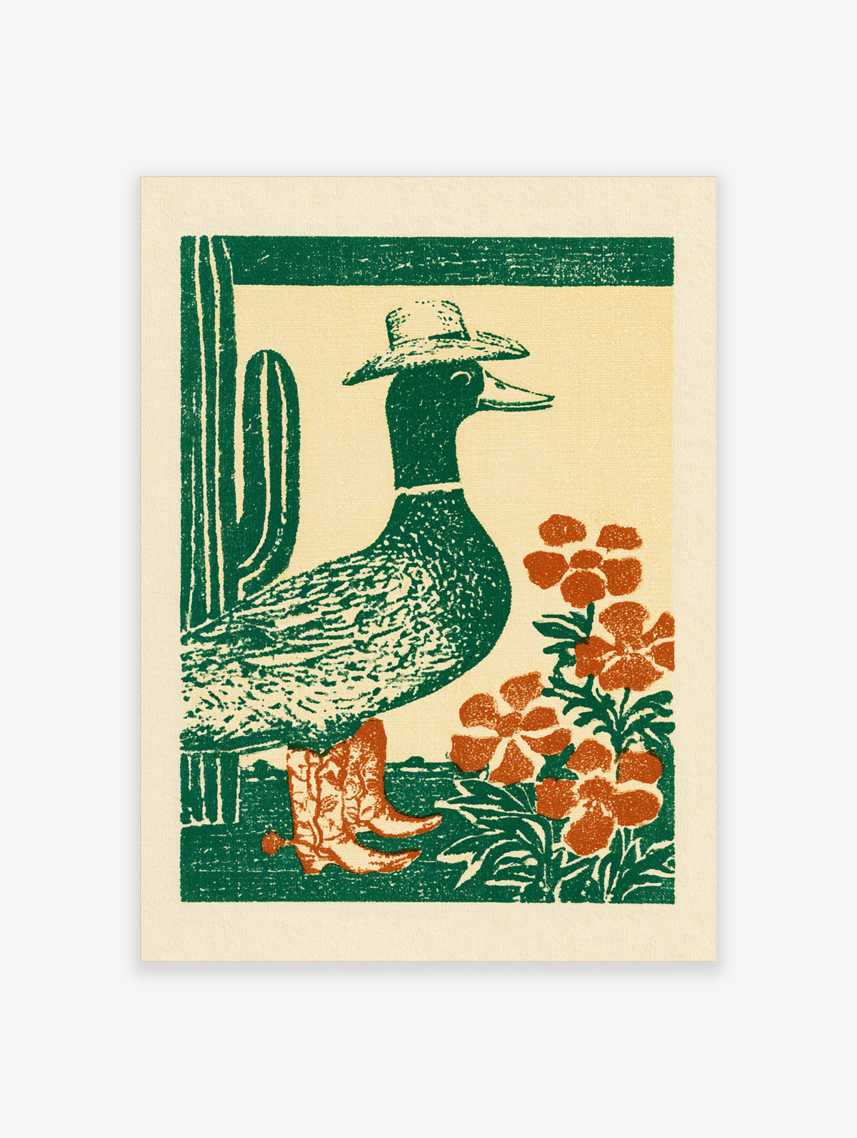 Green duck in hat and cowboy boots beside cactus and orange flowers art print