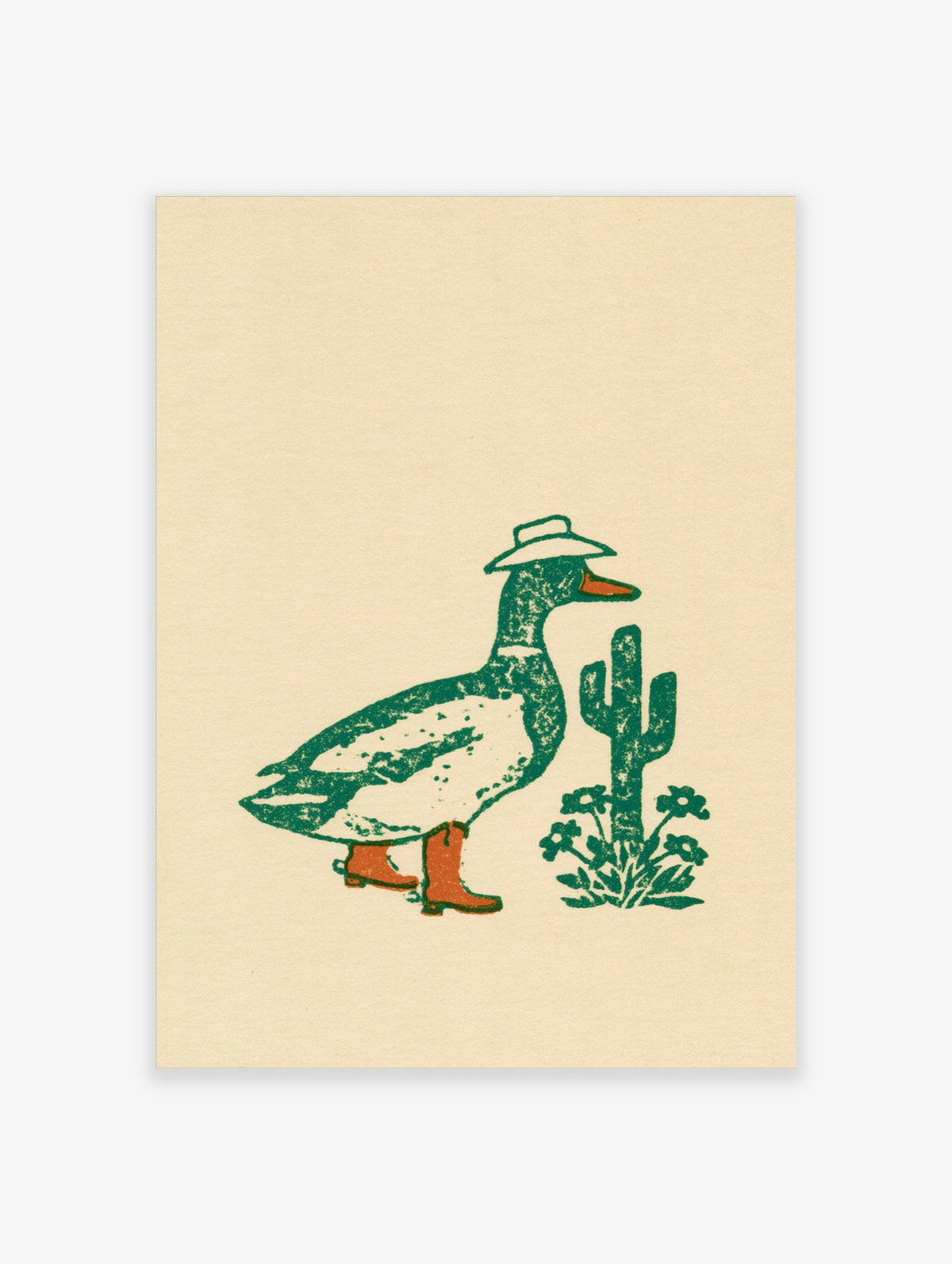 Green duck in hat and cowboy boots beside a cactus, western animal poster on cream background
