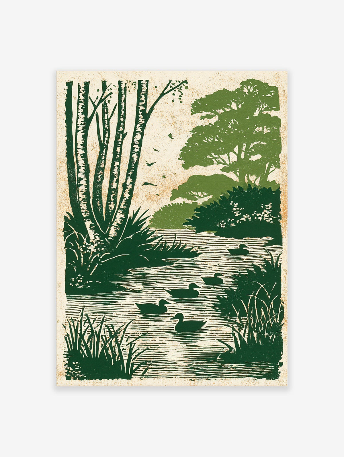 Illustrative green print of ducks on a river with birch trees and foliage under flying birds