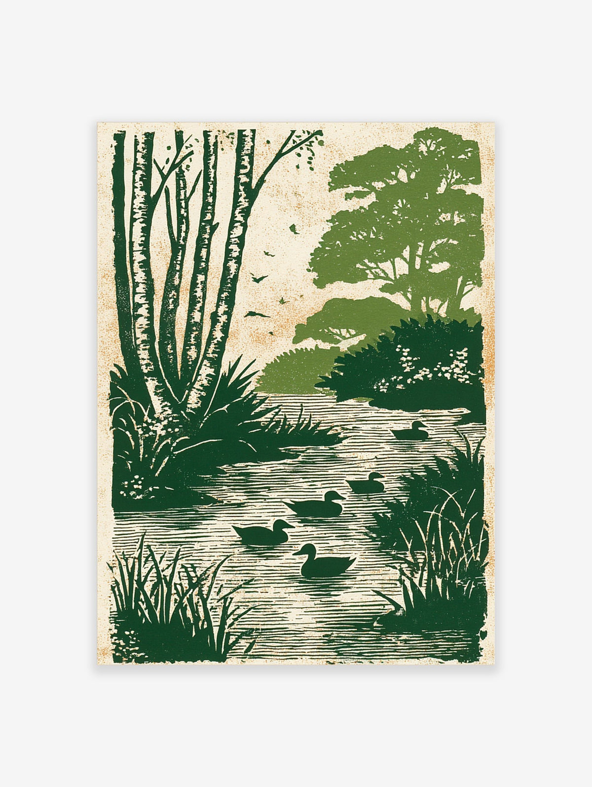 Green ducks swimming in a river with birch trees and foliage in an illustrative print style