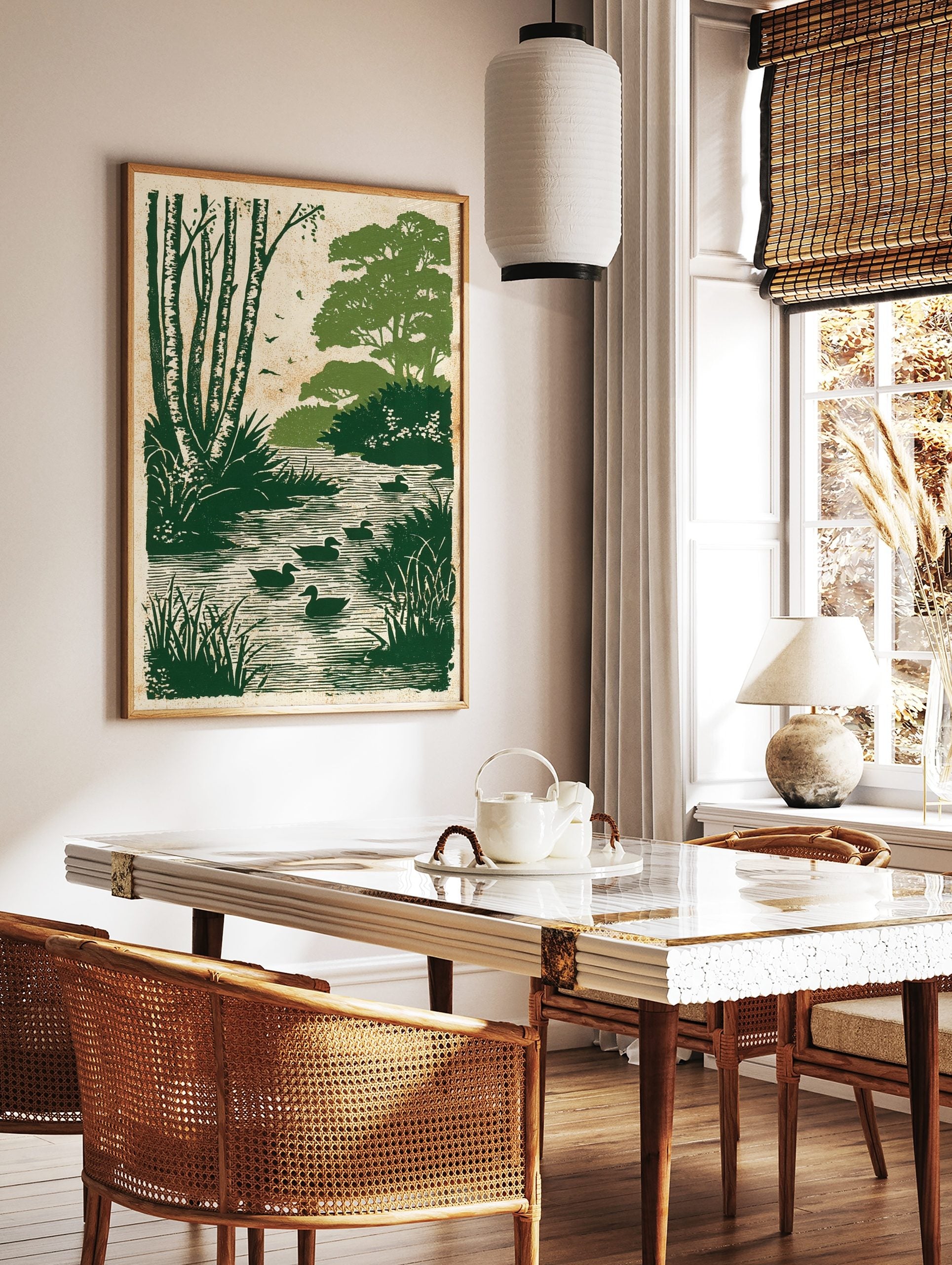 Green ducks swimming in a river with birch trees and foliage in an illustrative print style, in a styled room mockup