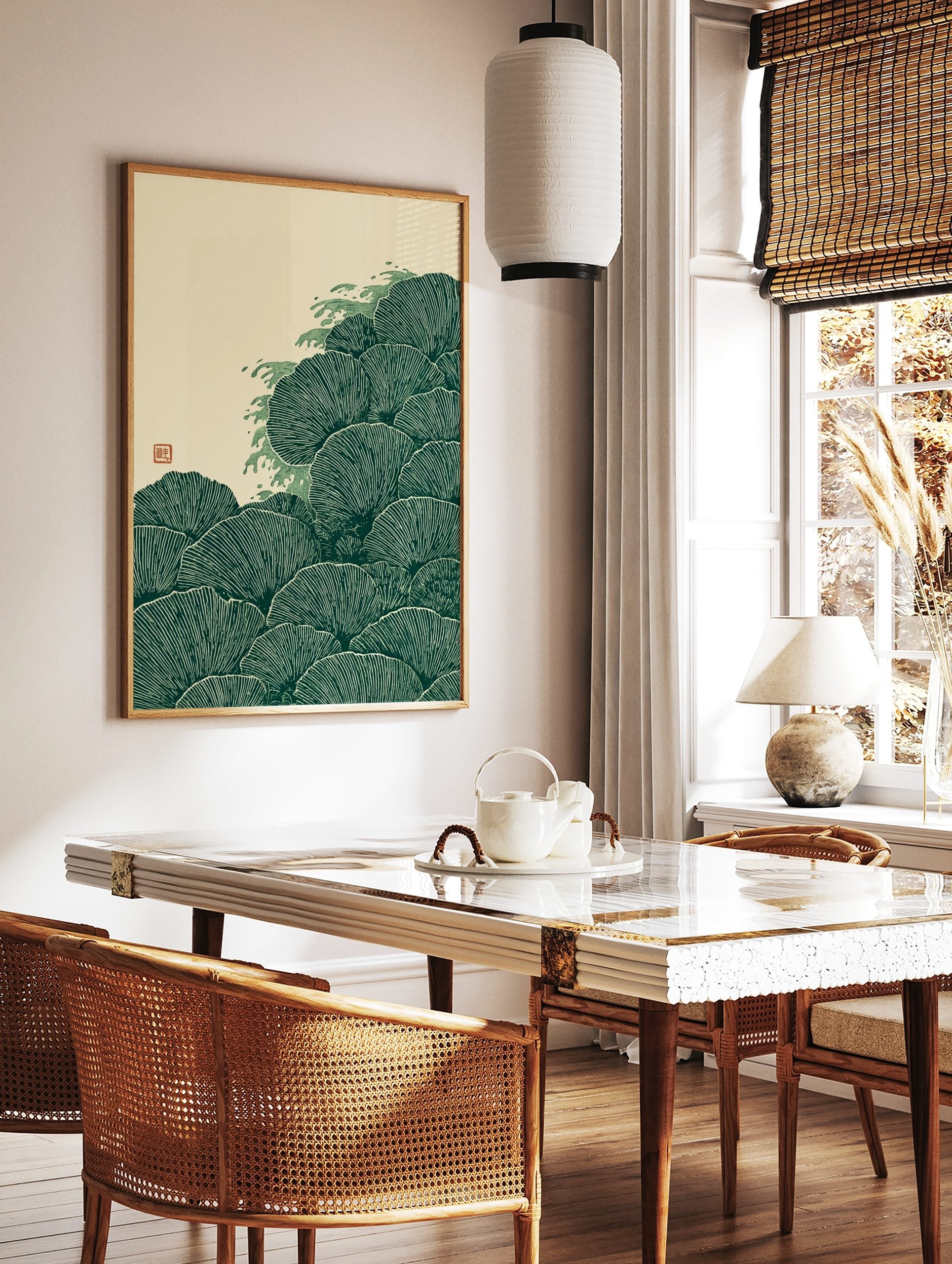 Green fan-shaped leaves or fungi with wave-like splashes in a Japanese woodcut art print style, in a styled room mockup