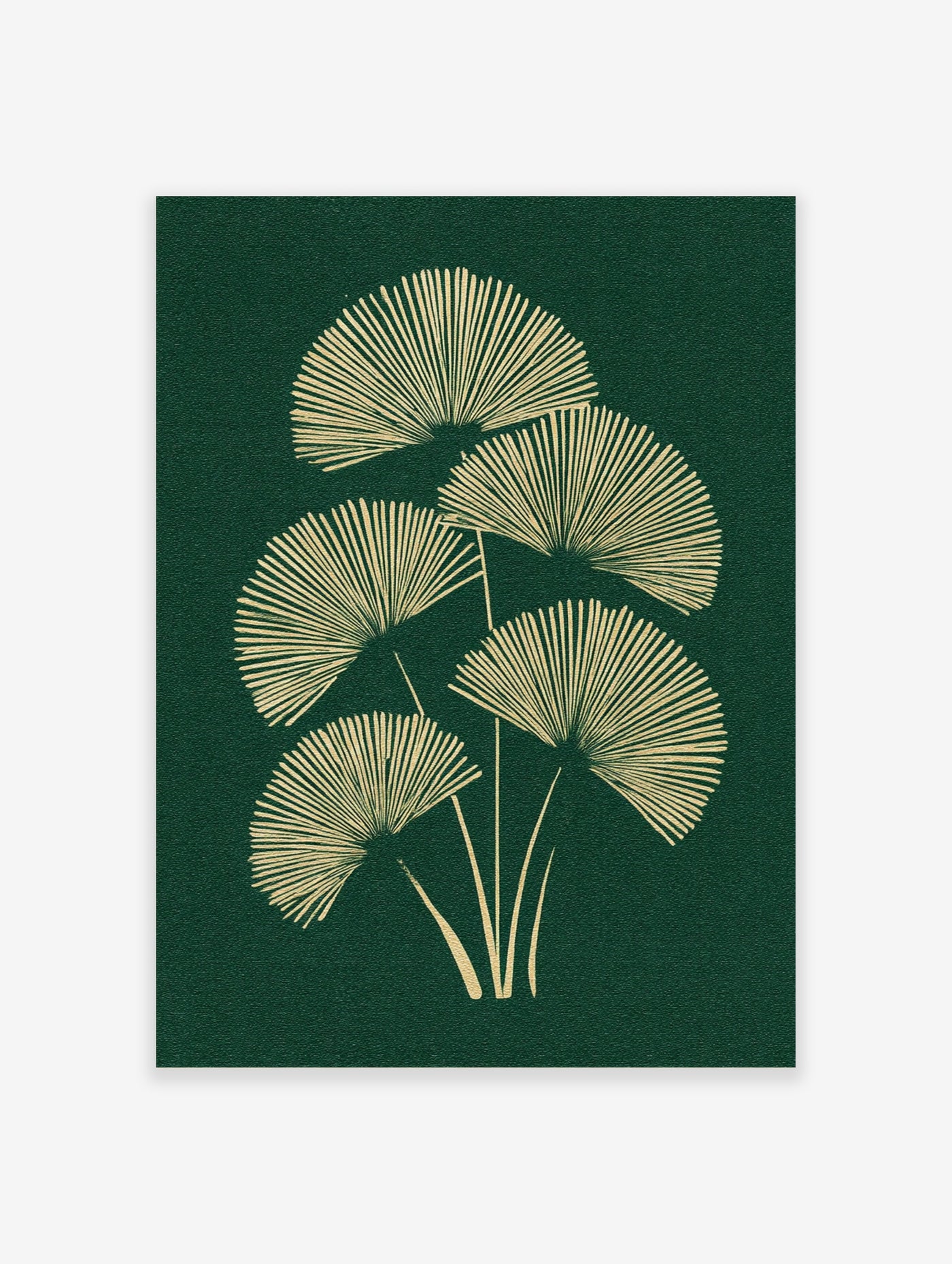 Gold fan palm leaves on dark green background, botanical line art print