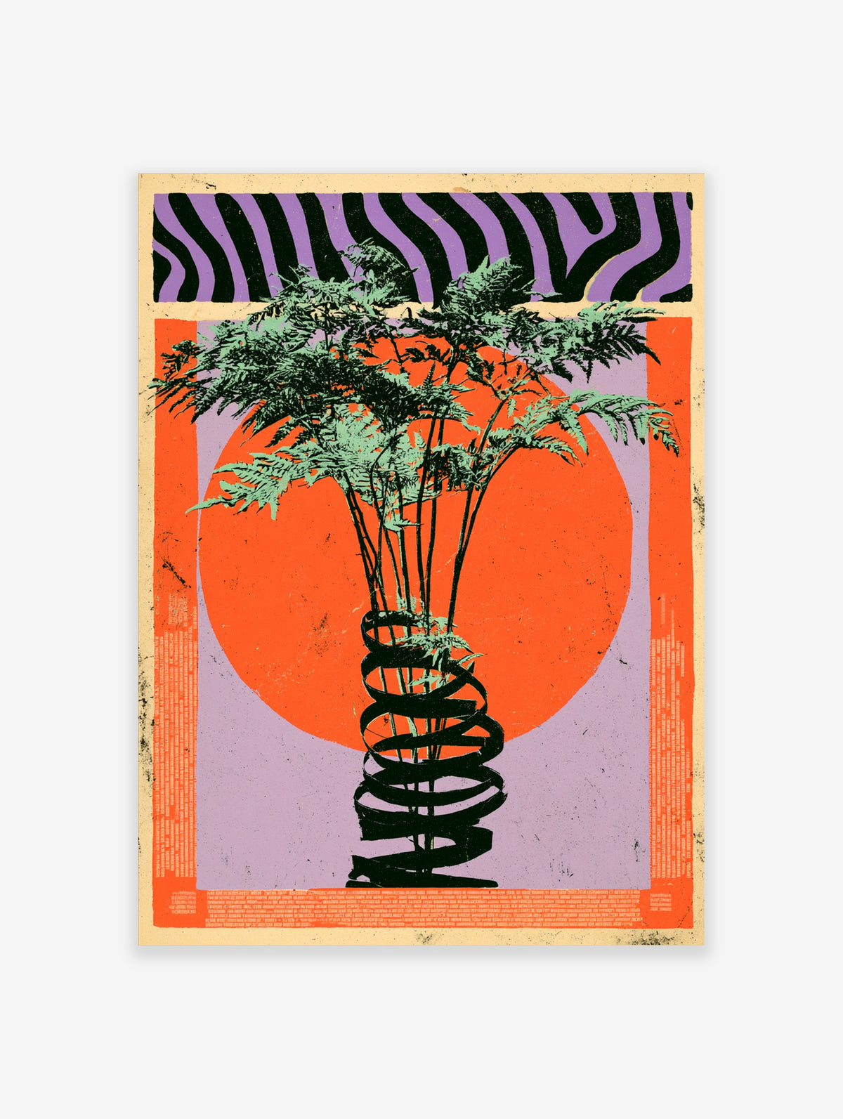 Green fern poster with spiral black base, orange sun circle and purple zebra stripes