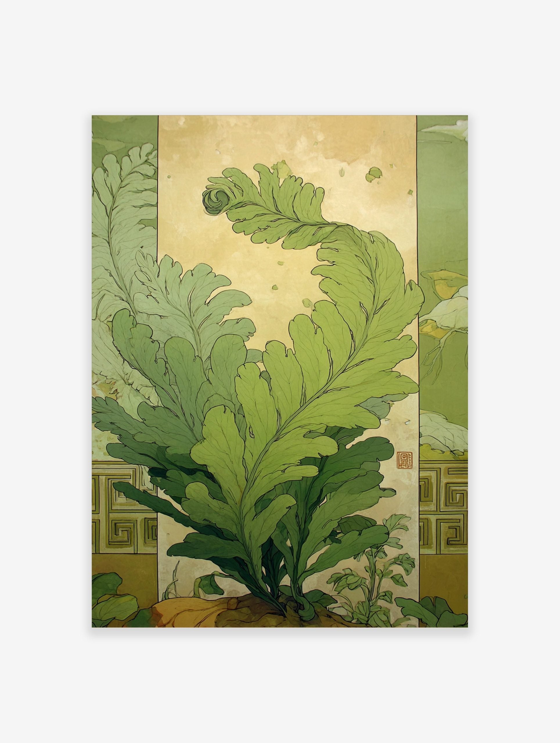 Green fern botanical illustration wall art with unfurling leaves in an Art Nouveau style, light background