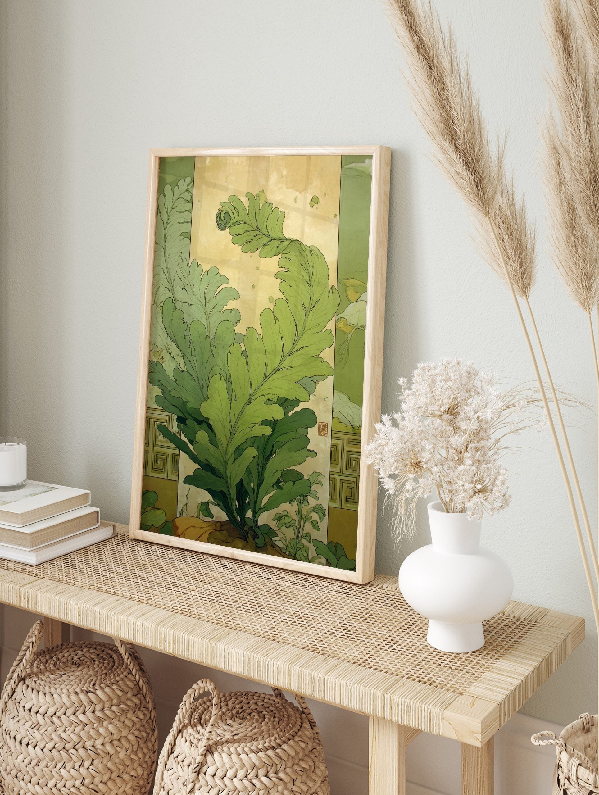 Green fern botanical illustration wall art with unfurling leaves in an Art Nouveau style, in an alternate framed mockup