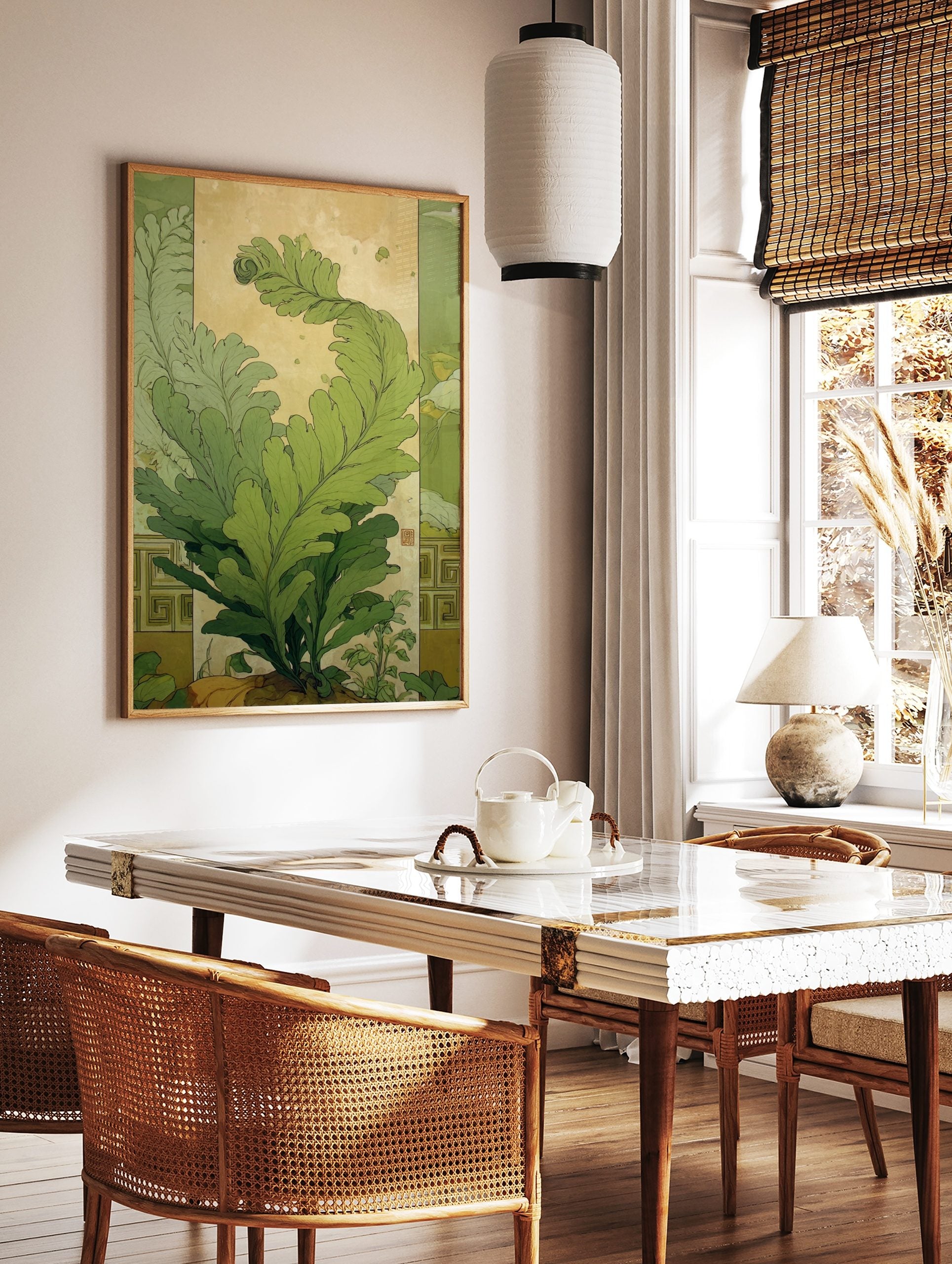Green fern botanical illustration wall art with unfurling leaves in an Art Nouveau style, light, in a styled room mockup