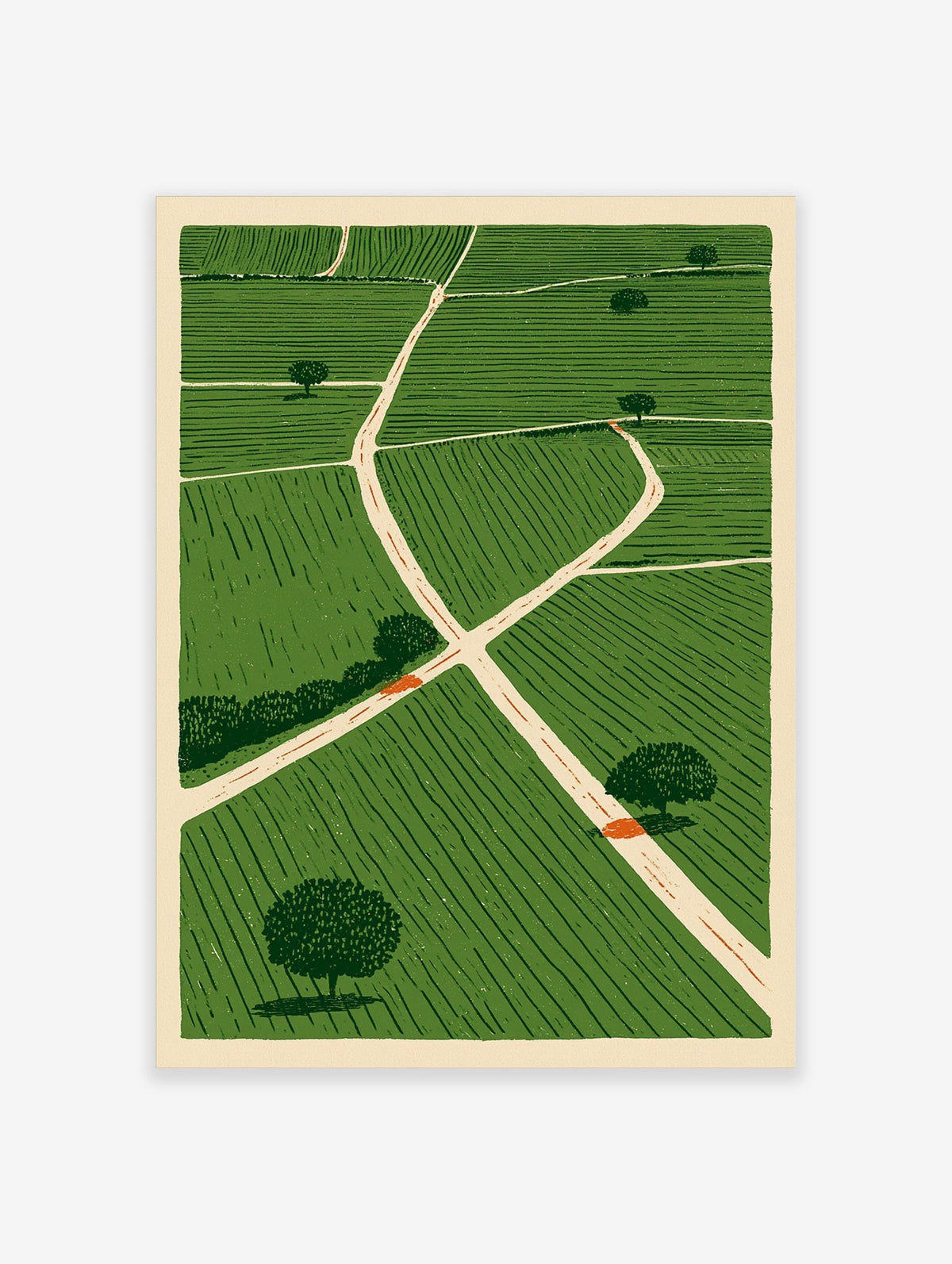 Illustrative green fields landscape wall art with intersecting paths and scattered trees on a textured paper print
