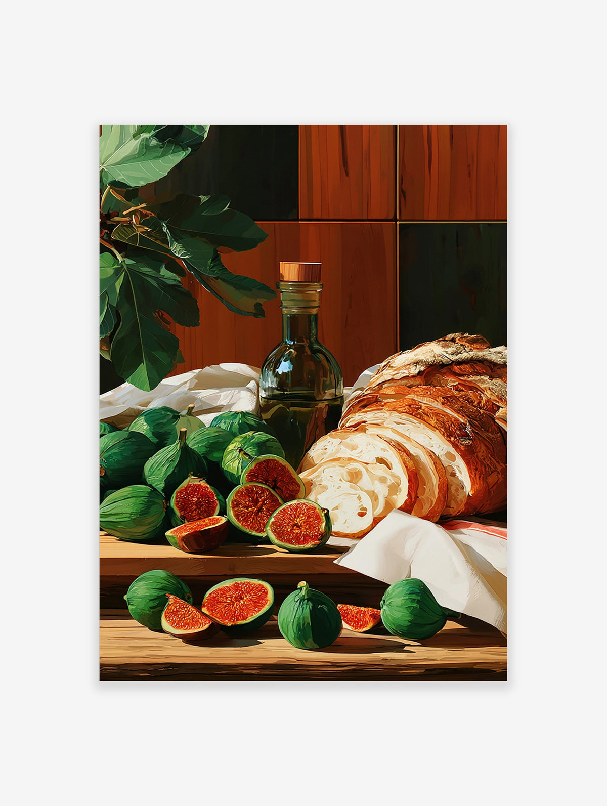 Green fig and bread still life art print with sliced red figs and olive oil bottle on wood
