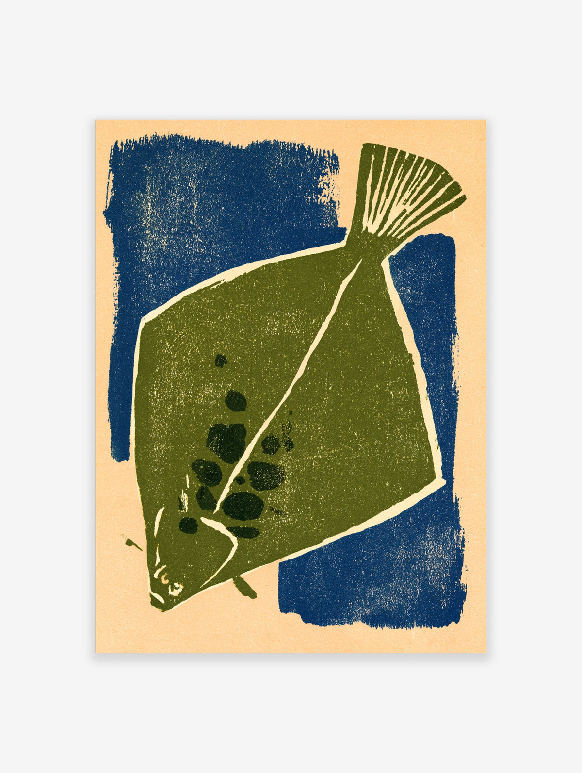 Green flatfish poster with dark spots on a textured navy blue background, modern fish wall art print