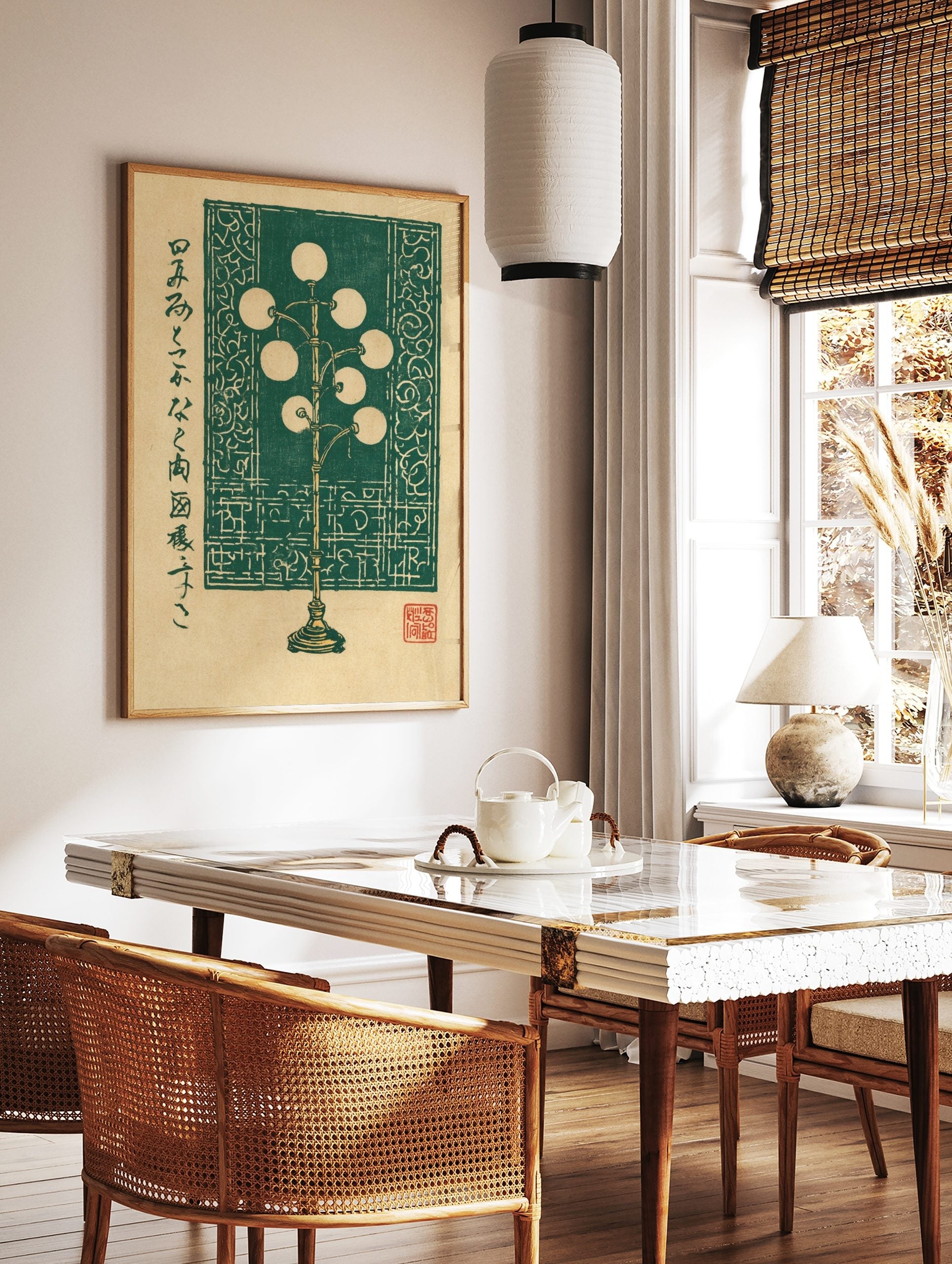 Green floor lamp illustration in woodblock style with spherical lights and Japanese text on a, in a styled room mockup