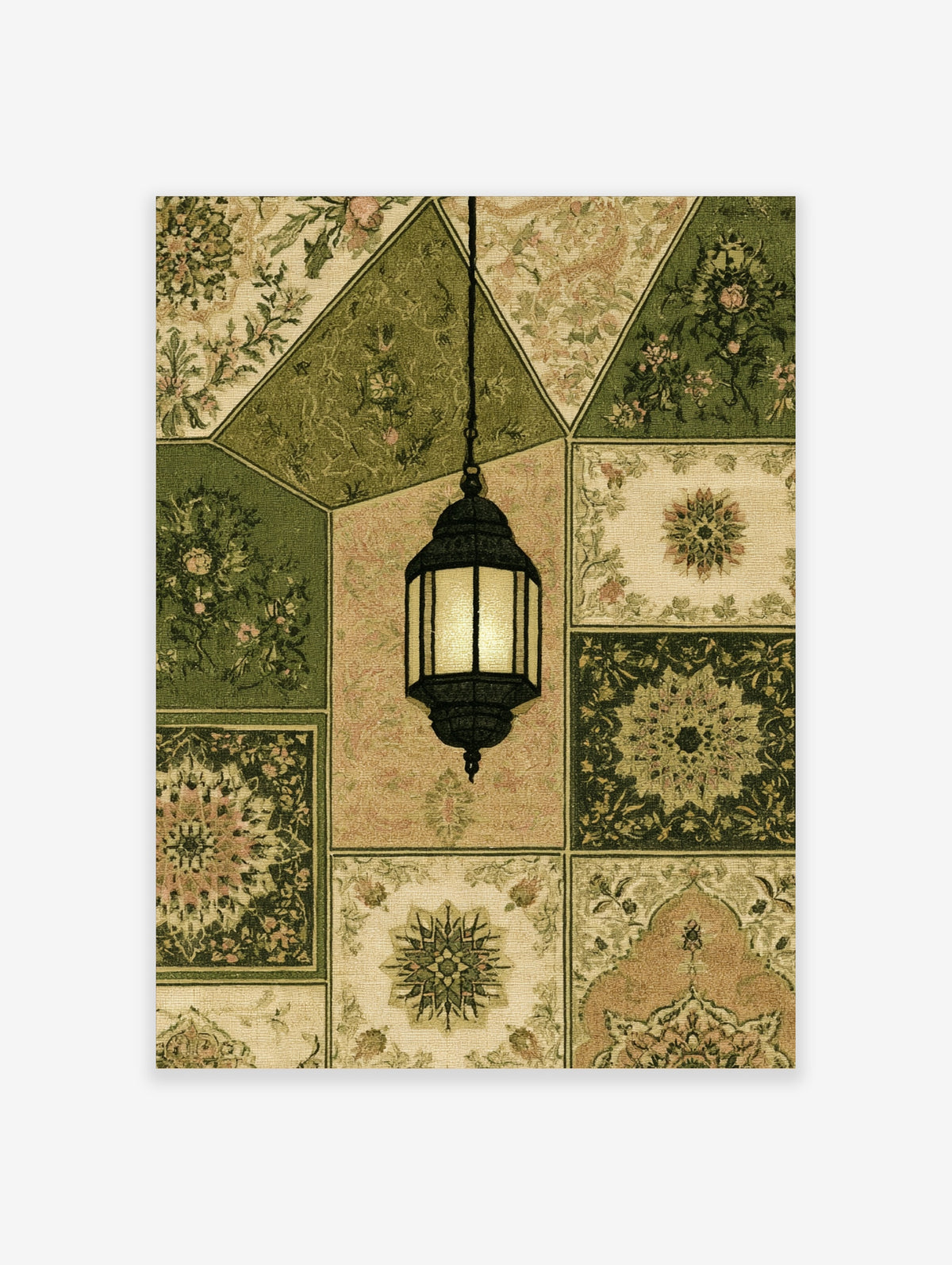 Green floral lantern art print with black hanging lamp and patchwork botanical tiles