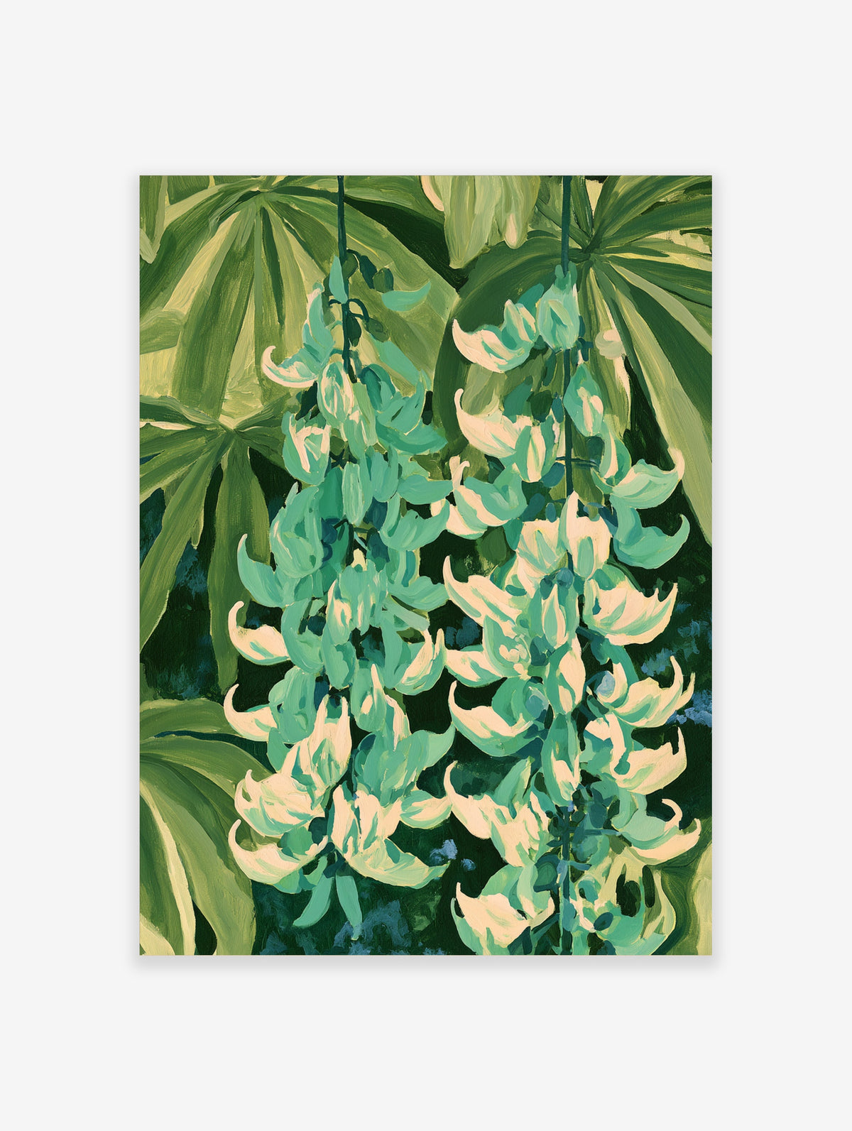 Green floral poster with hanging lupin-like cream and teal flowers against broad green leaves