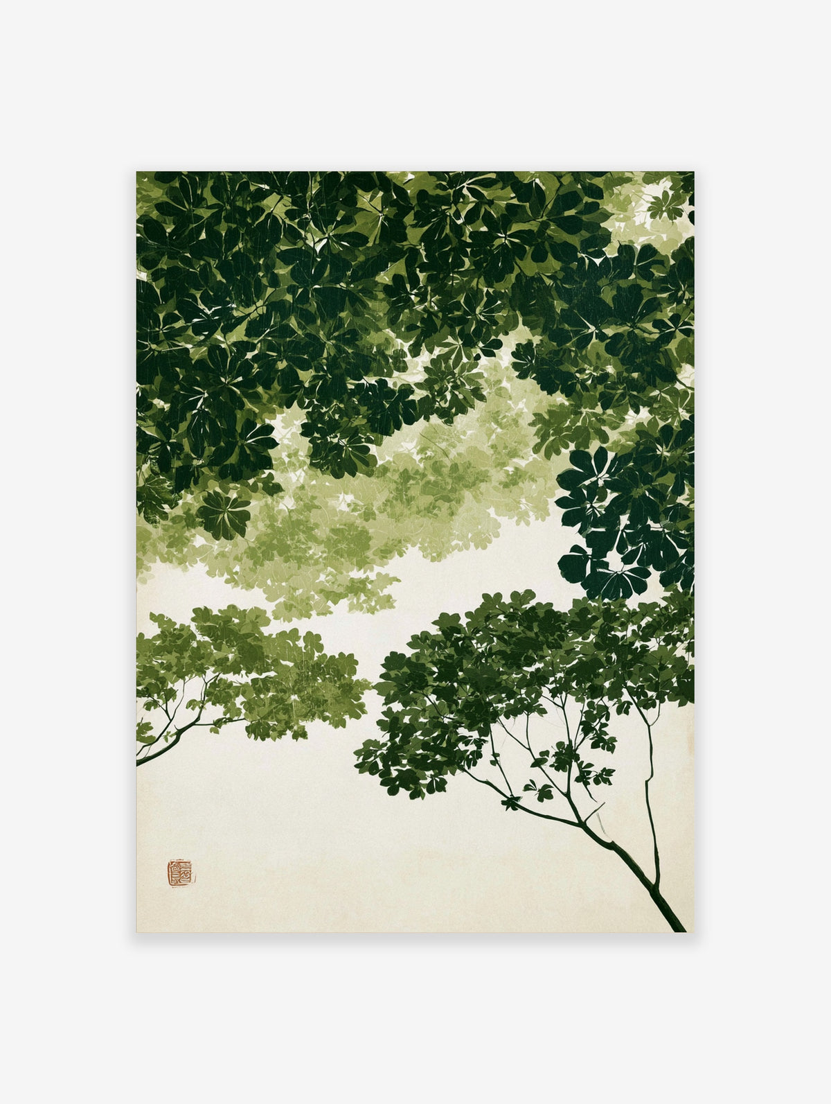 Green tree canopy art print with layered leaves and pale sky