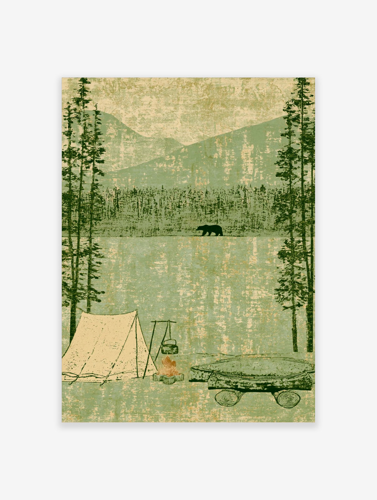 Green forest camping poster with bear, tent, campfire, canoe, lake, and pine trees