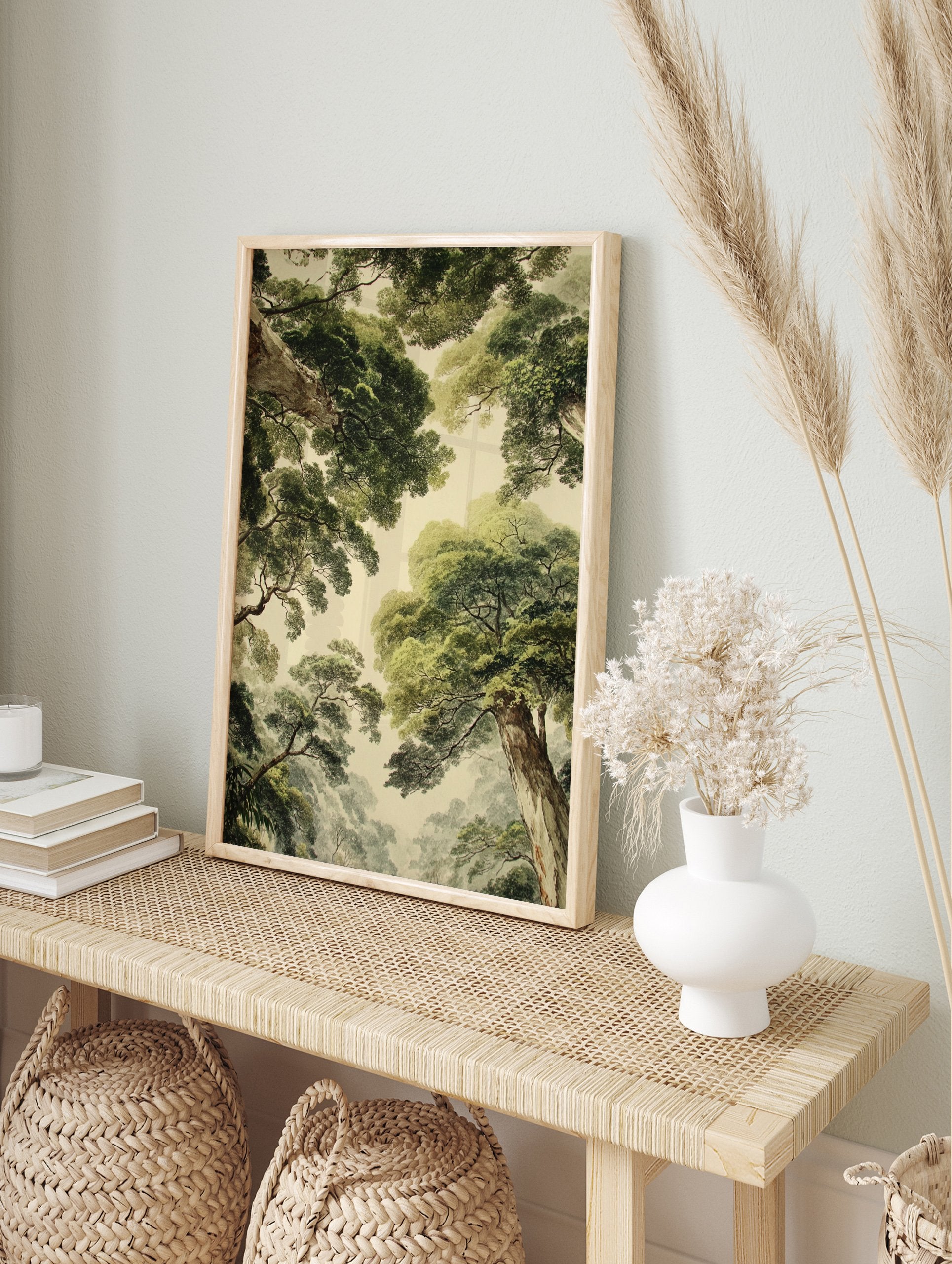 Green forest canopy poster, a vintage illustration looking up at tall trees with lush green leaves against a light sky. - Image 4