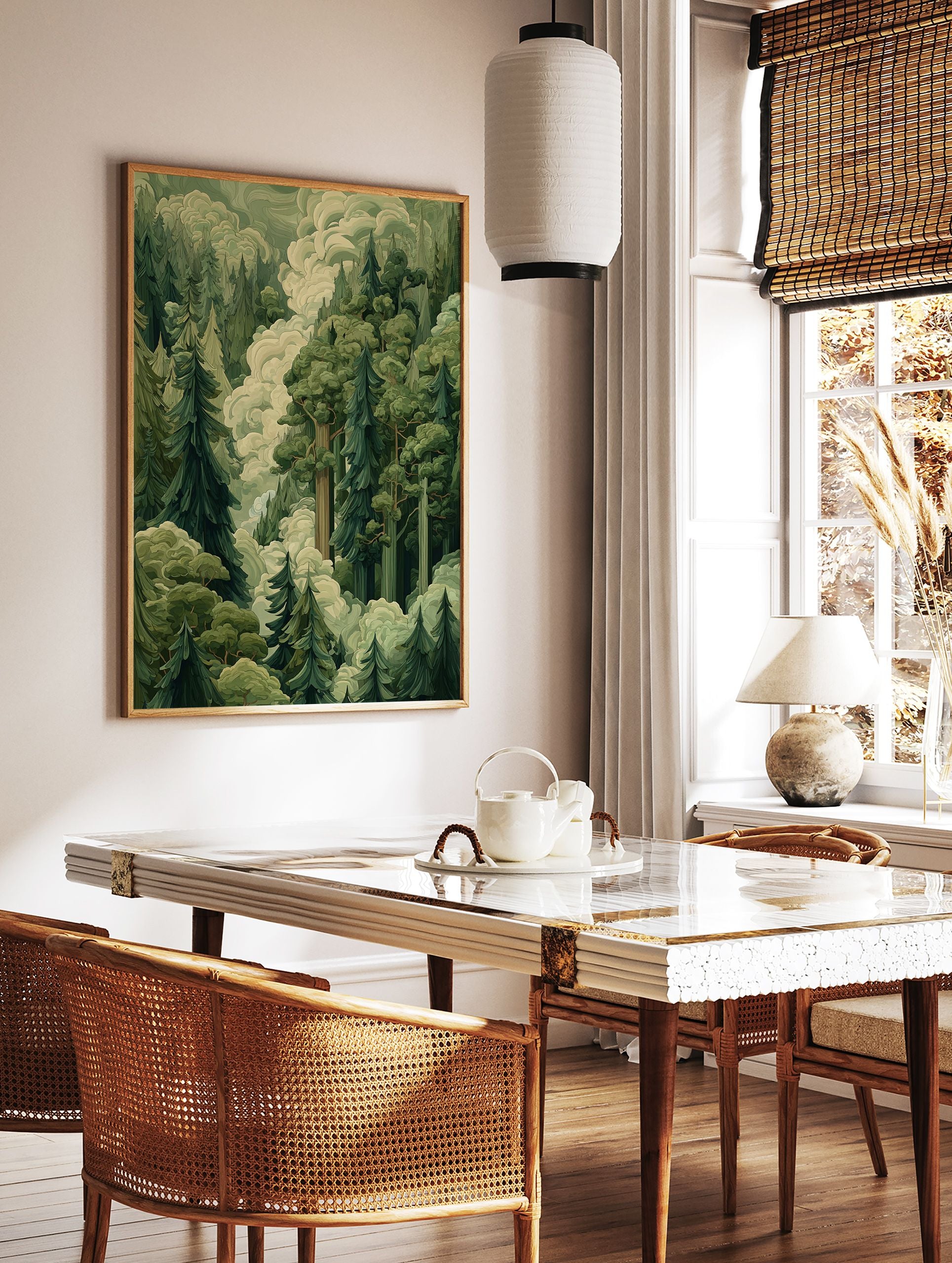 Green forest poster with tall illustrated trees and white misty clouds, depicting a serene woodland scene. - Image 2