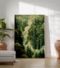 Green forest poster with tall illustrated trees and white misty clouds, depicting a serene woodland scene. - Image 3
