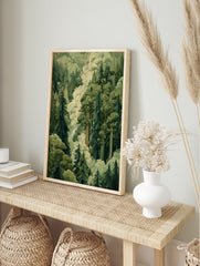 Green forest poster with tall illustrated trees and white misty clouds, depicting a serene woodland scene. - Image 4