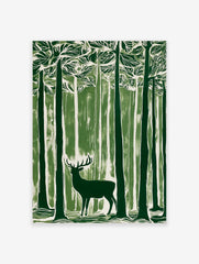 Green linocut style art print of a stag with antlers standing in a dense forest of tall trees