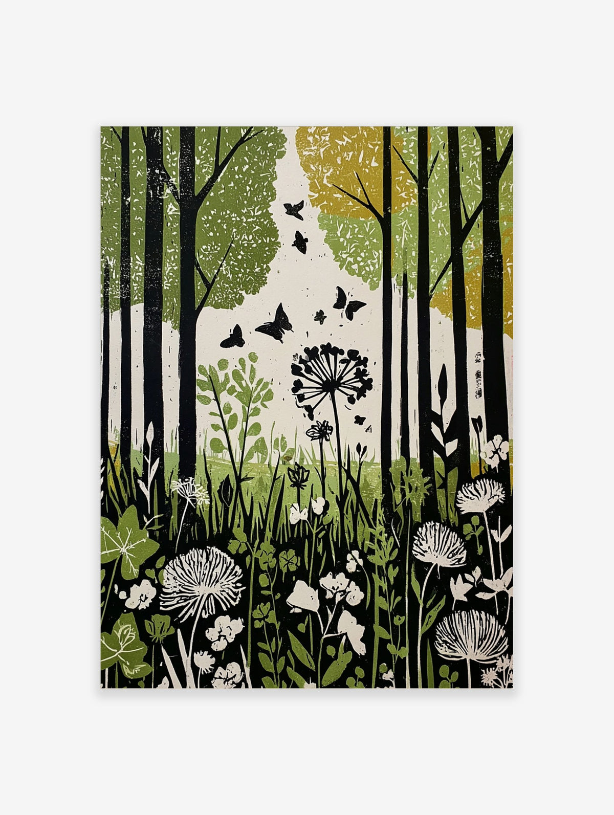 Green forest botanical print with black tree trunks, flying butterflies, and white wildflowers in an illustrative style