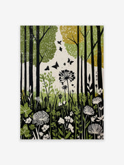 Green forest botanical print with black tree trunks, flying butterflies, and white wildflowers in an illustrative style