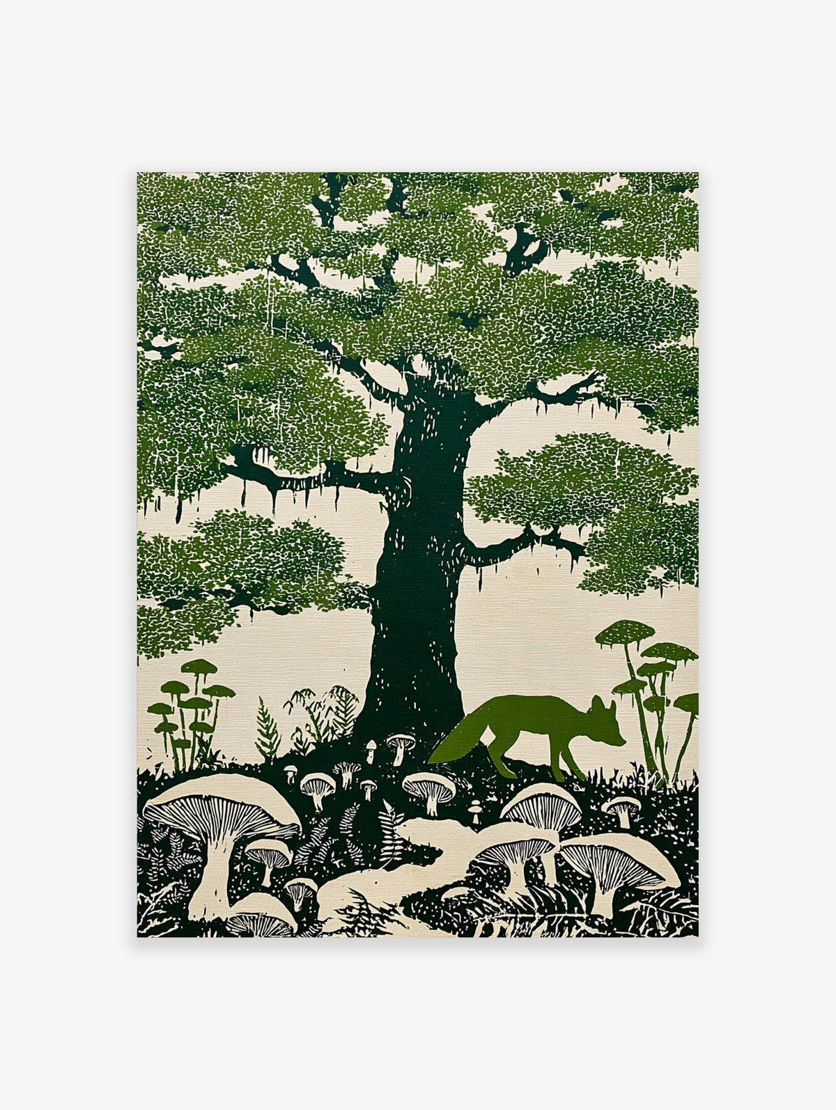 Illustrative linocut style art print of a fox, a large tree with Spanish moss, and mushrooms in green