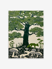 Illustrative linocut style art print of a fox, a large tree with Spanish moss, and mushrooms in green