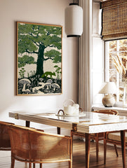 Illustrative linocut style art print of a fox, a large tree with Spanish moss, and mushrooms in, in a styled room mockup