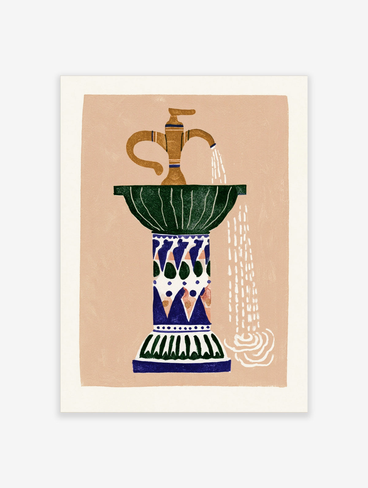 Stylised brass tap pouring water into a green fluted basin on a patterned column, Mediterranean poster