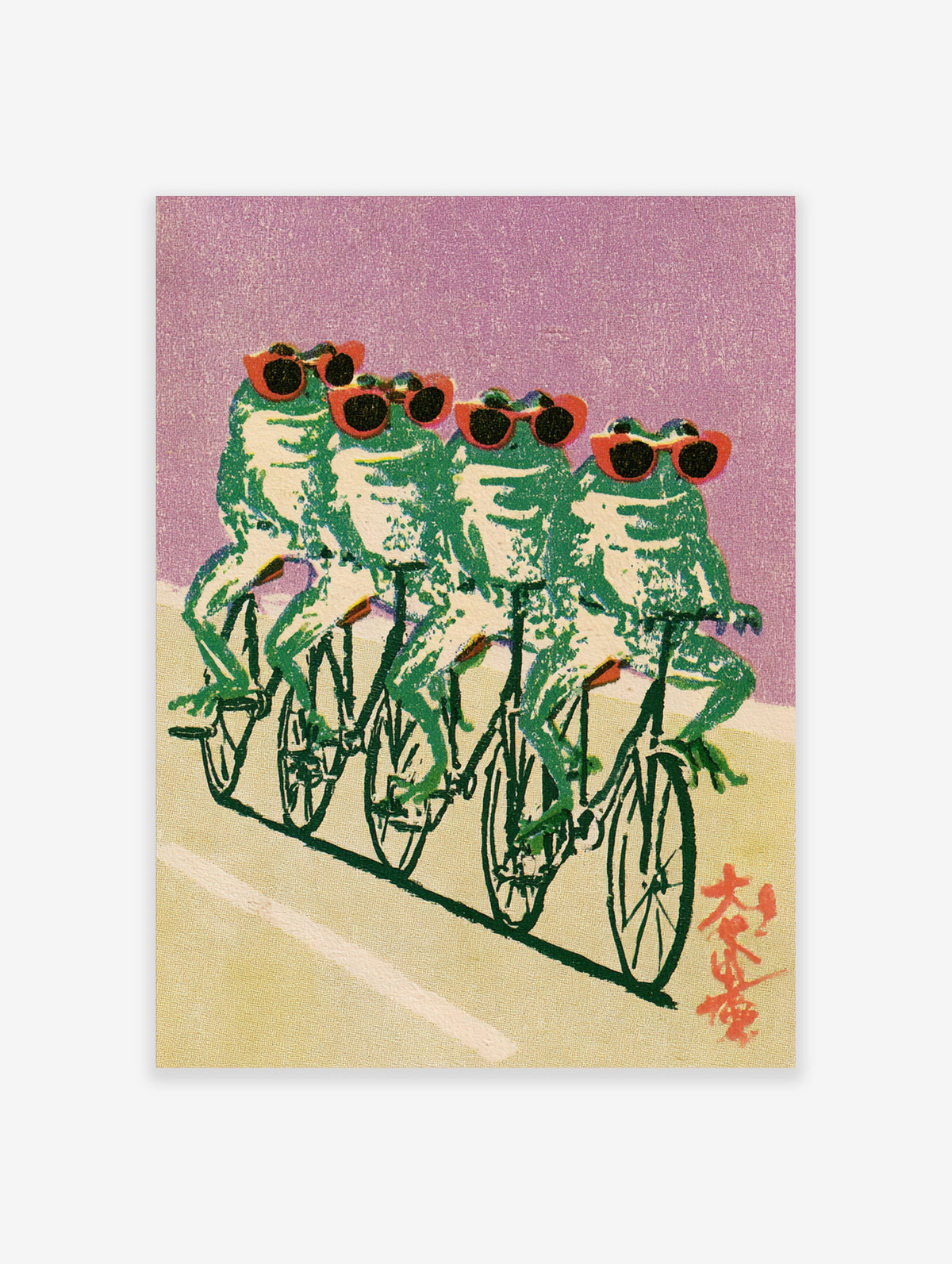 Four green frogs in red sunglasses riding bicycles in a row, retro screen print on lilac and cream background