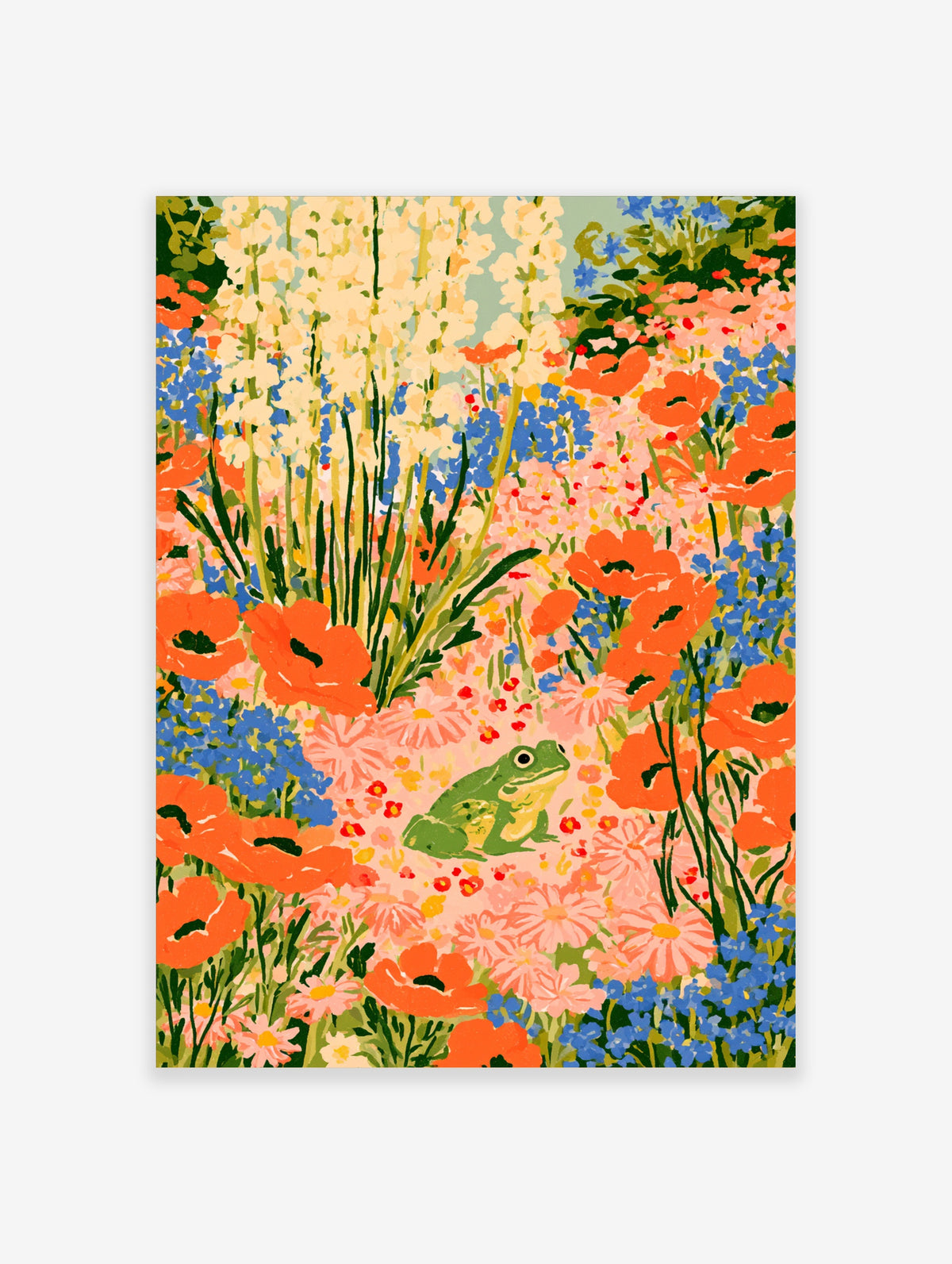 Green frog sitting among orange poppies, pink daisies, and blue flowers in a colourful wildflower meadow illustration