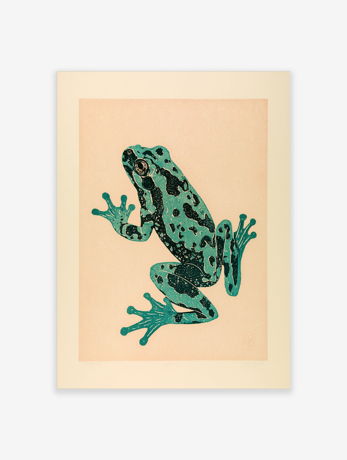 Green frog with black markings and raised front leg on a pale peach background, animal poster
