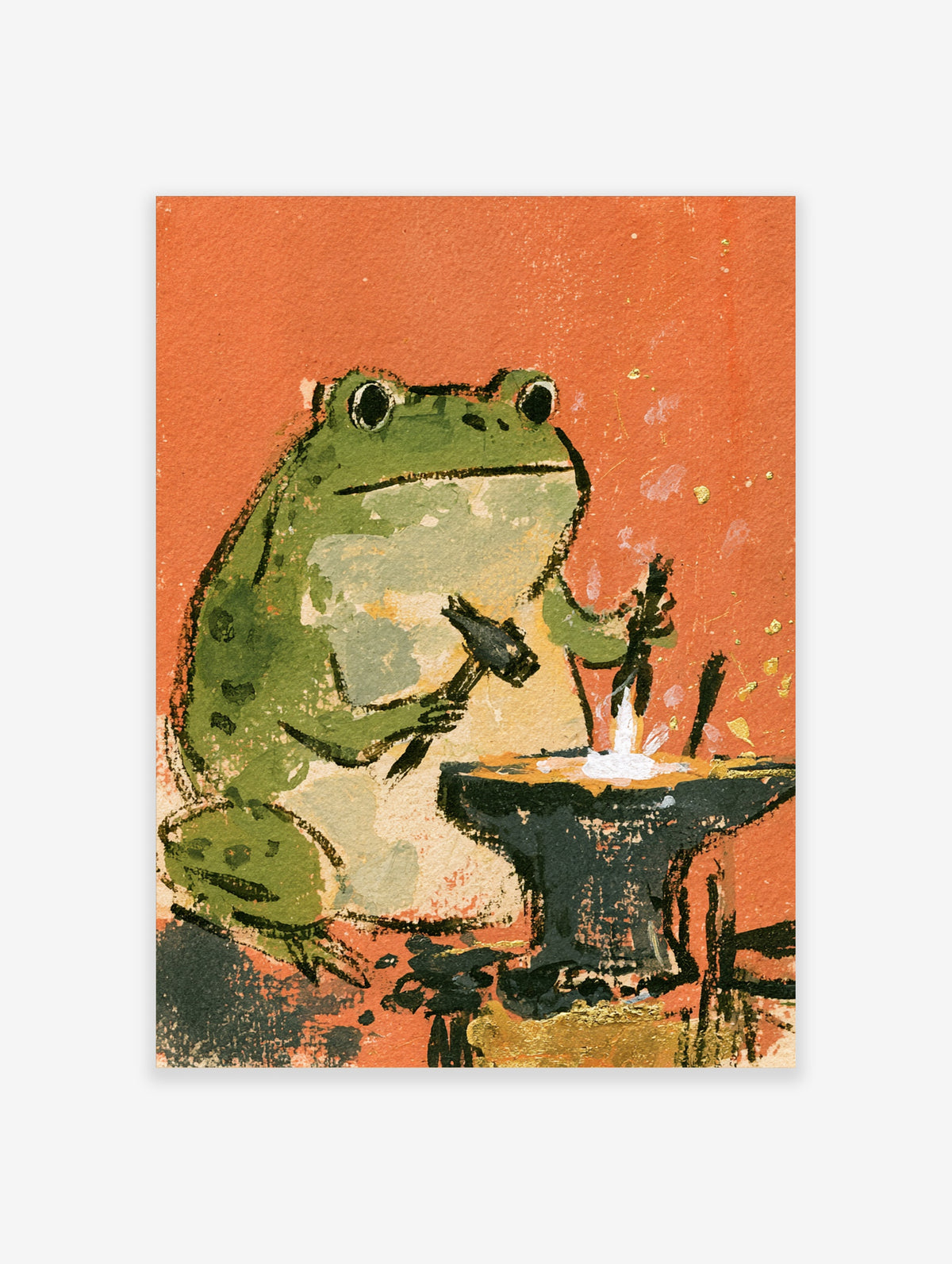 Green frog blacksmith poster with hammer and anvil on orange background