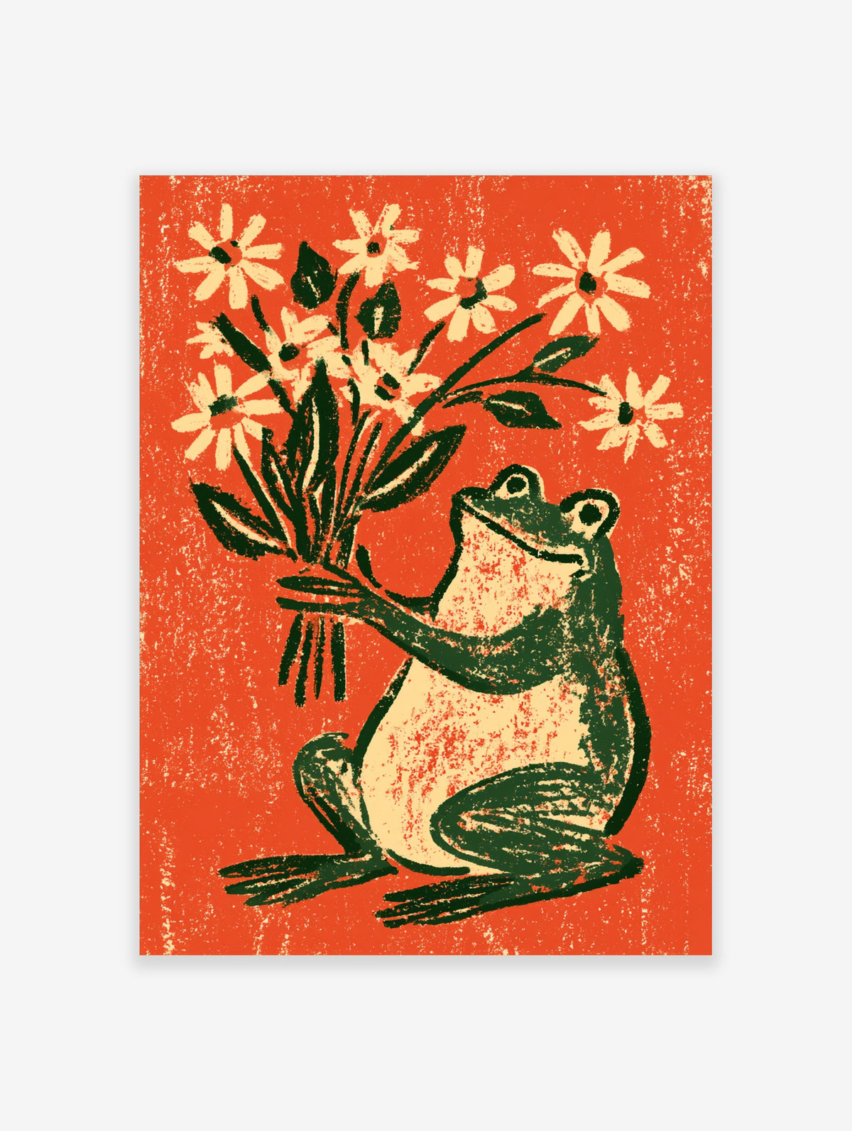 Green frog holding cream daisies on a textured red background art print