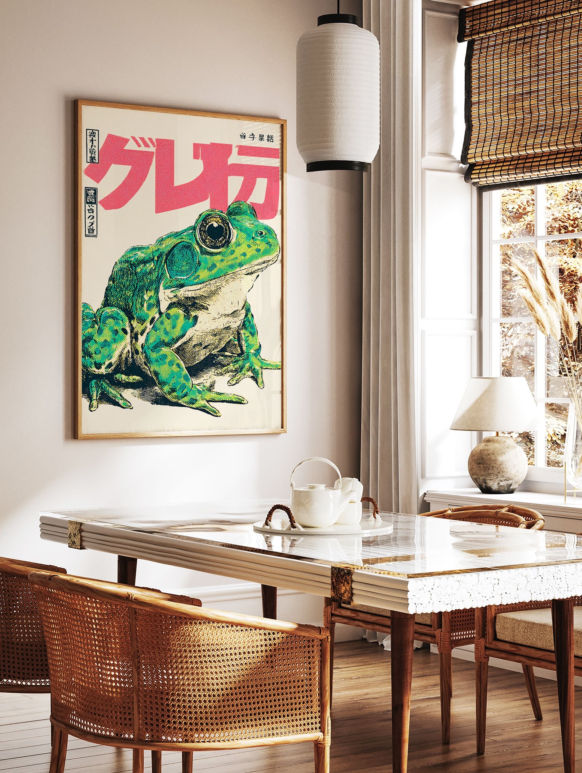 Vibrant green frog poster with large eyes and spots, featuring Japanese text and a retro illustration style on a cream background. - Image 2