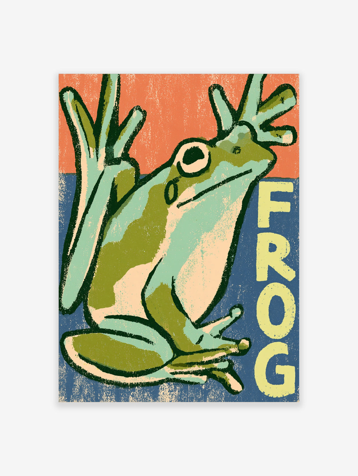 Green frog poster with bold FROG typography on orange and blue background, retro animal wall art print