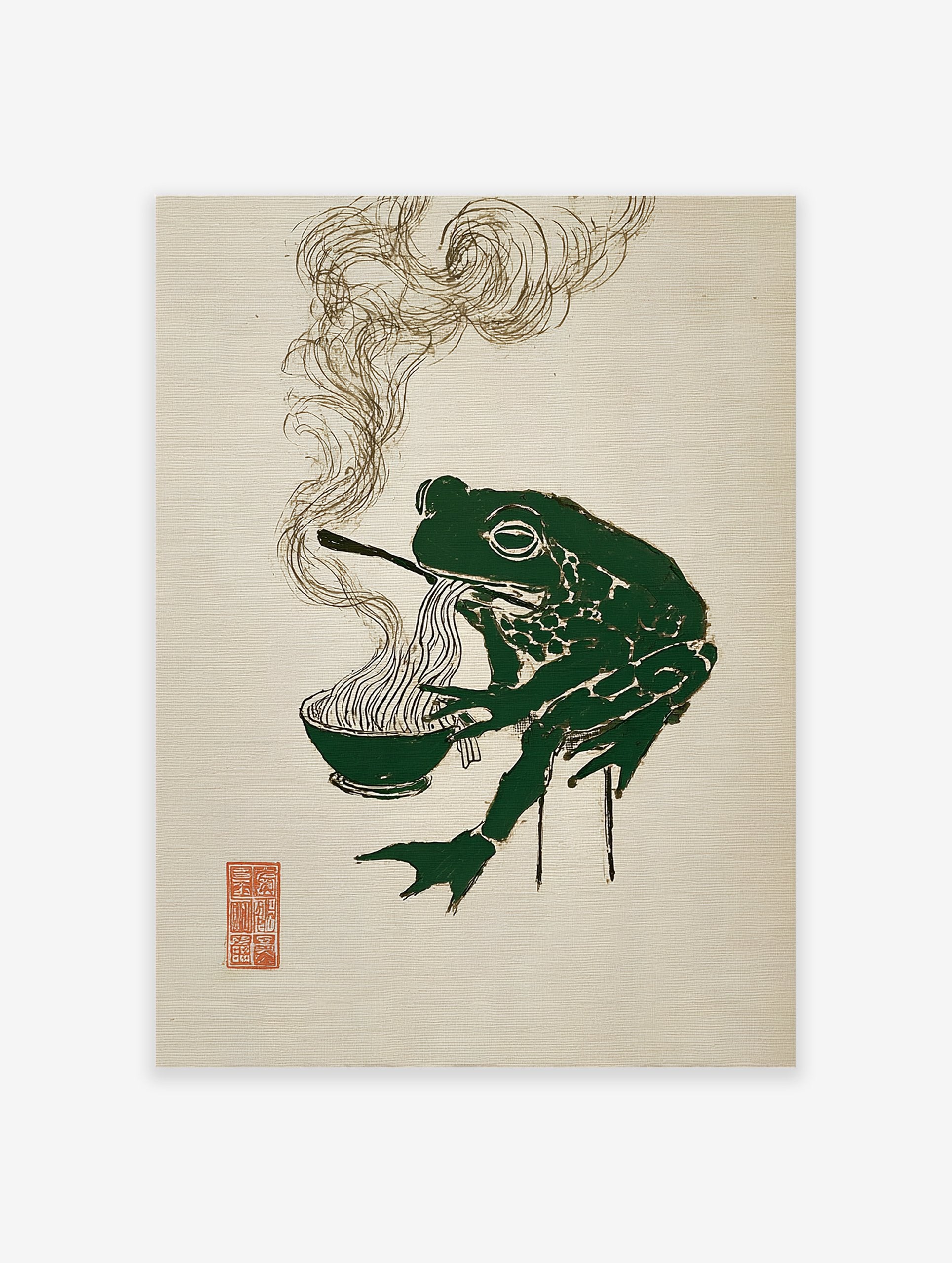Stylized green frog eating ramen noodles with chopsticks, with steam rising, on a textured beige background. Green Frog Ramen Wall Art.