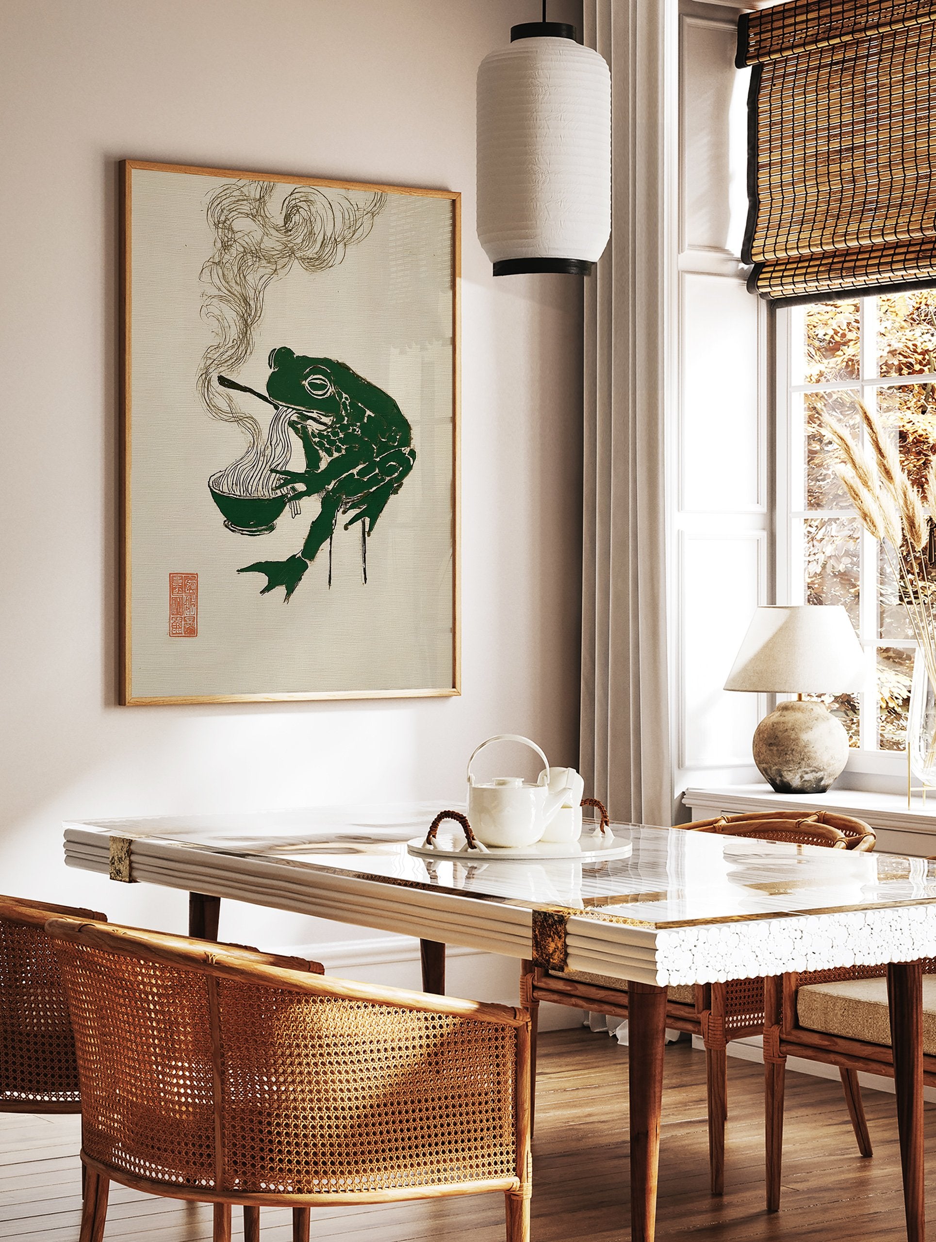 Stylized green frog eating ramen noodles with chopsticks, with steam rising, on a textured beige background. Green Frog Ramen Wall Art. - Image 3
