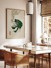 Stylized green frog eating ramen noodles with chopsticks, with steam rising, on a textured beige background. Green Frog Ramen Wall Art. - Image 3