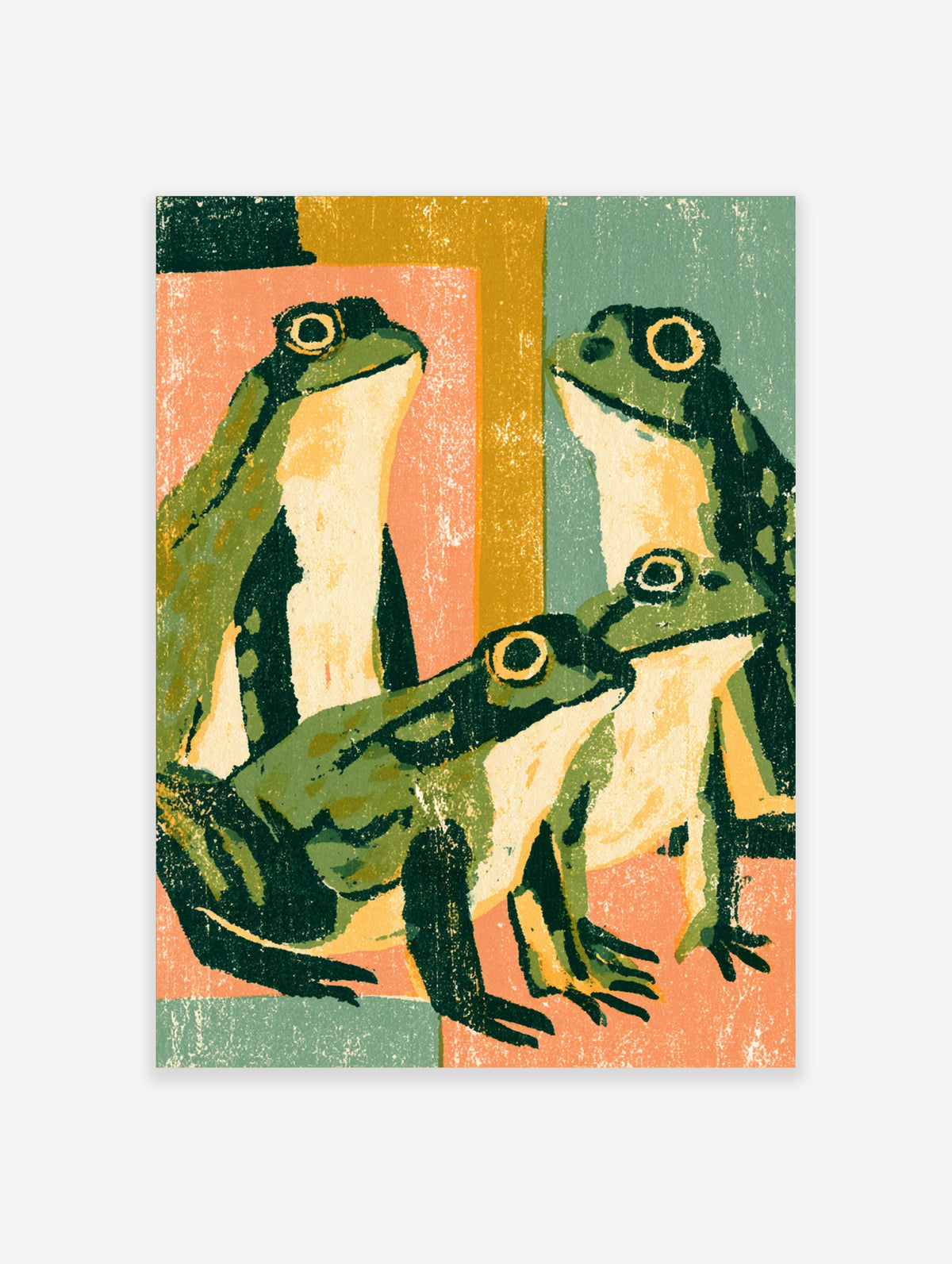 Green frog art print with three textured frogs on coral, mustard, and teal colour blocks