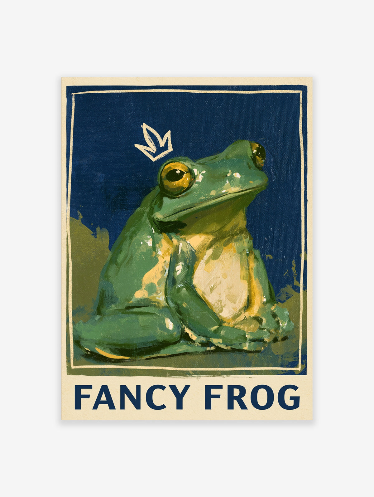 Green frog painting with cream crown and FANCY FROG text on navy background