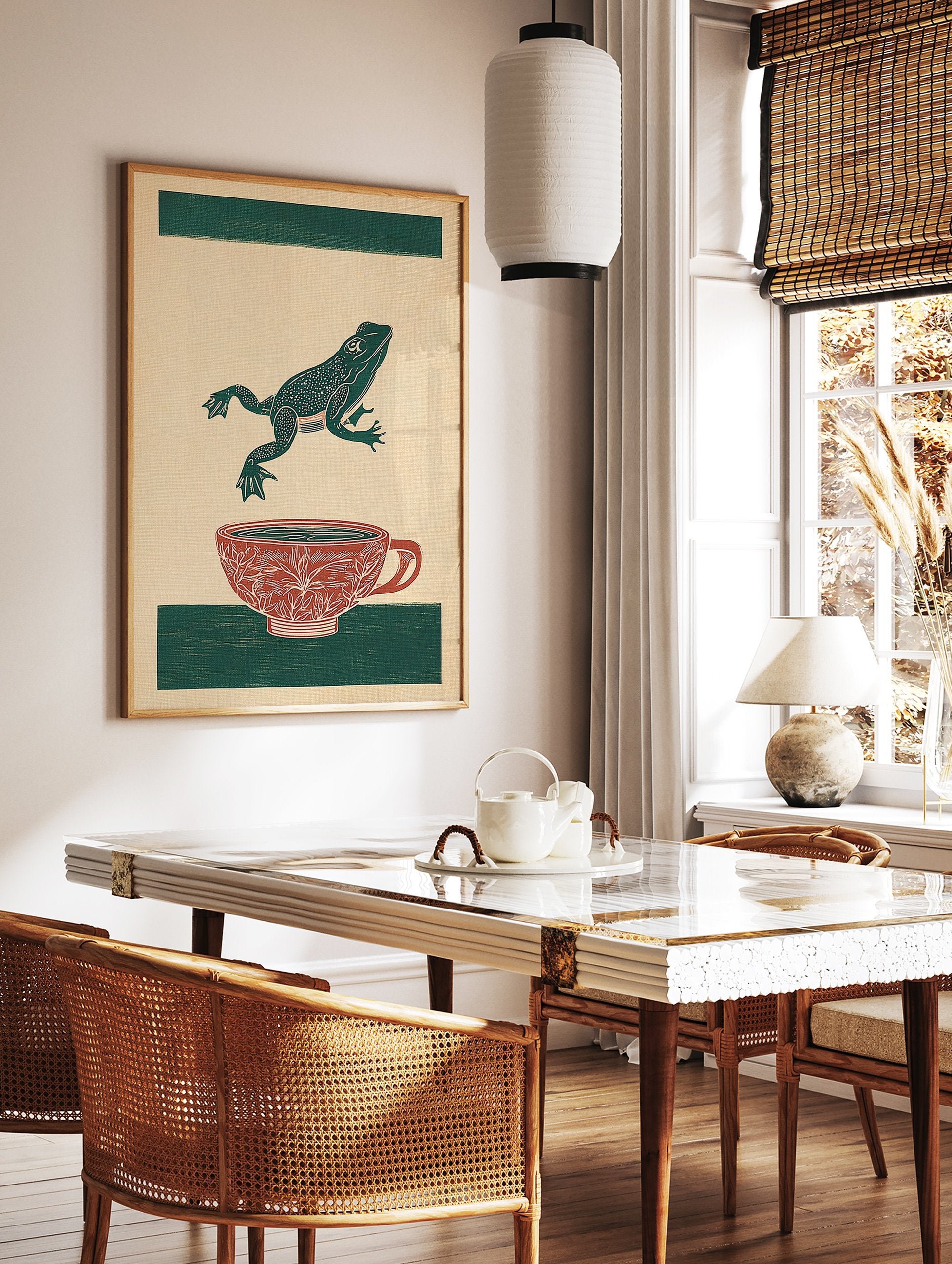 Green frog leaping over a red patterned teacup on a beige background with green stripes. Frog art print. - Image 3