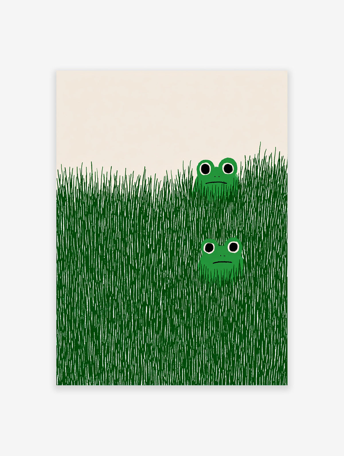 Illustrative green frog wall art print showing two cartoon frogs peeking from tall green grass on a light background.