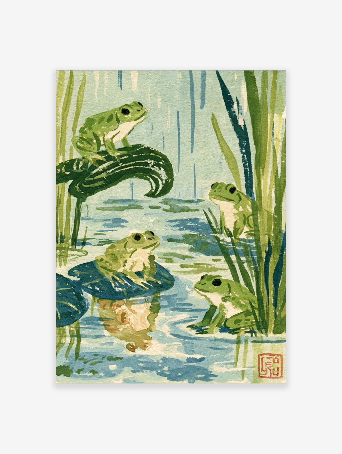 Green frog wall art print with four tree frogs on lily pads and reeds in a Japanese woodblock style