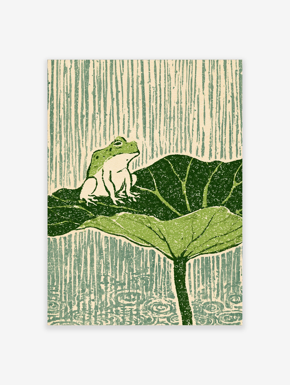 Green frog on dark lotus leaf in rain, Japanese-style animal art print