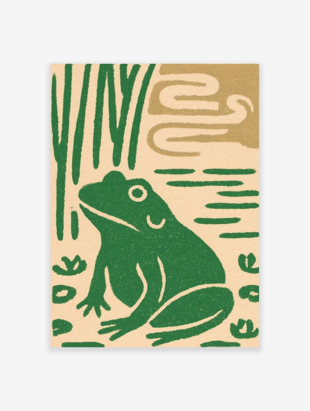 Minimalist green frog illustration with reed and water motifs on a tan background, nature-themed wall art print