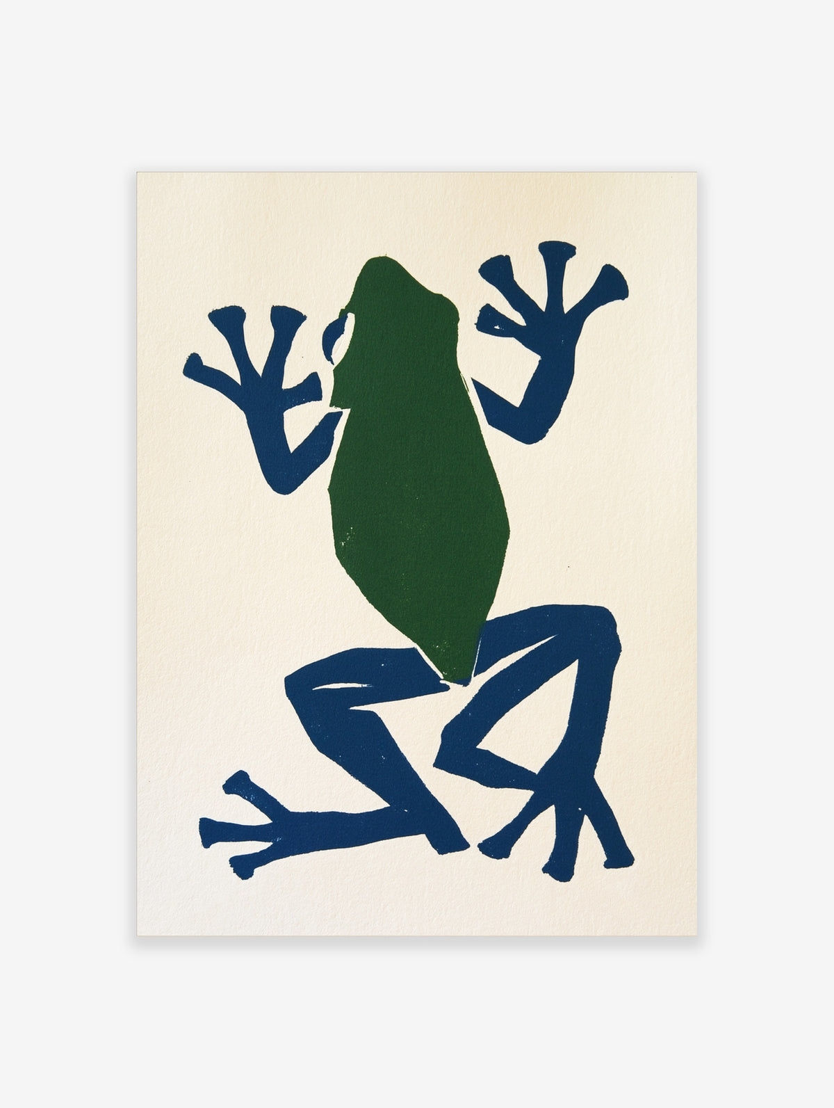 Green frog art print with navy blue limbs on cream background