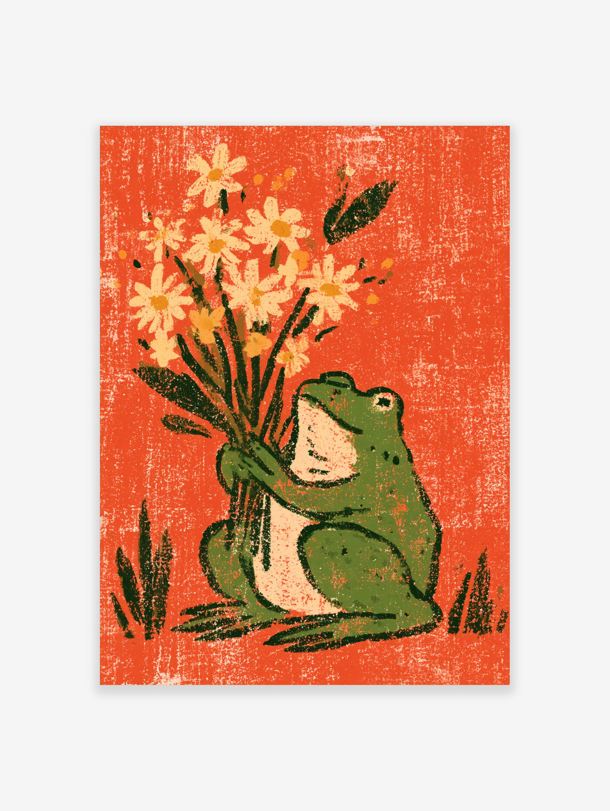 Green frog holding white daisies against a textured red background, retro illustration art print