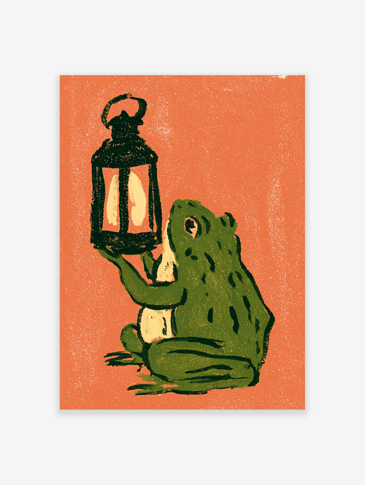 Green frog holding a black lantern with cream panes on a textured orange background